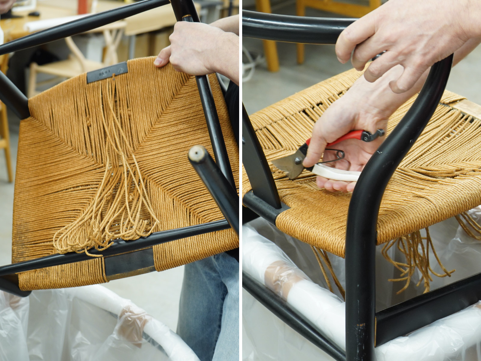 剪定鋏でカットされていくペーパーコード