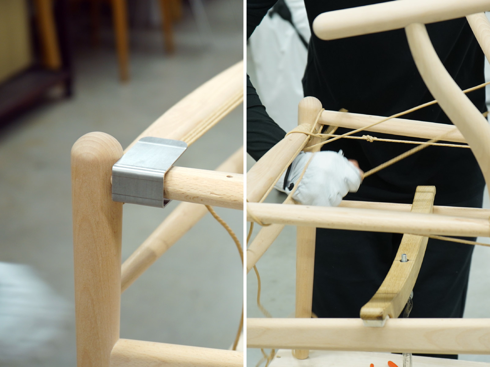 手作業で編み上がっていく座面