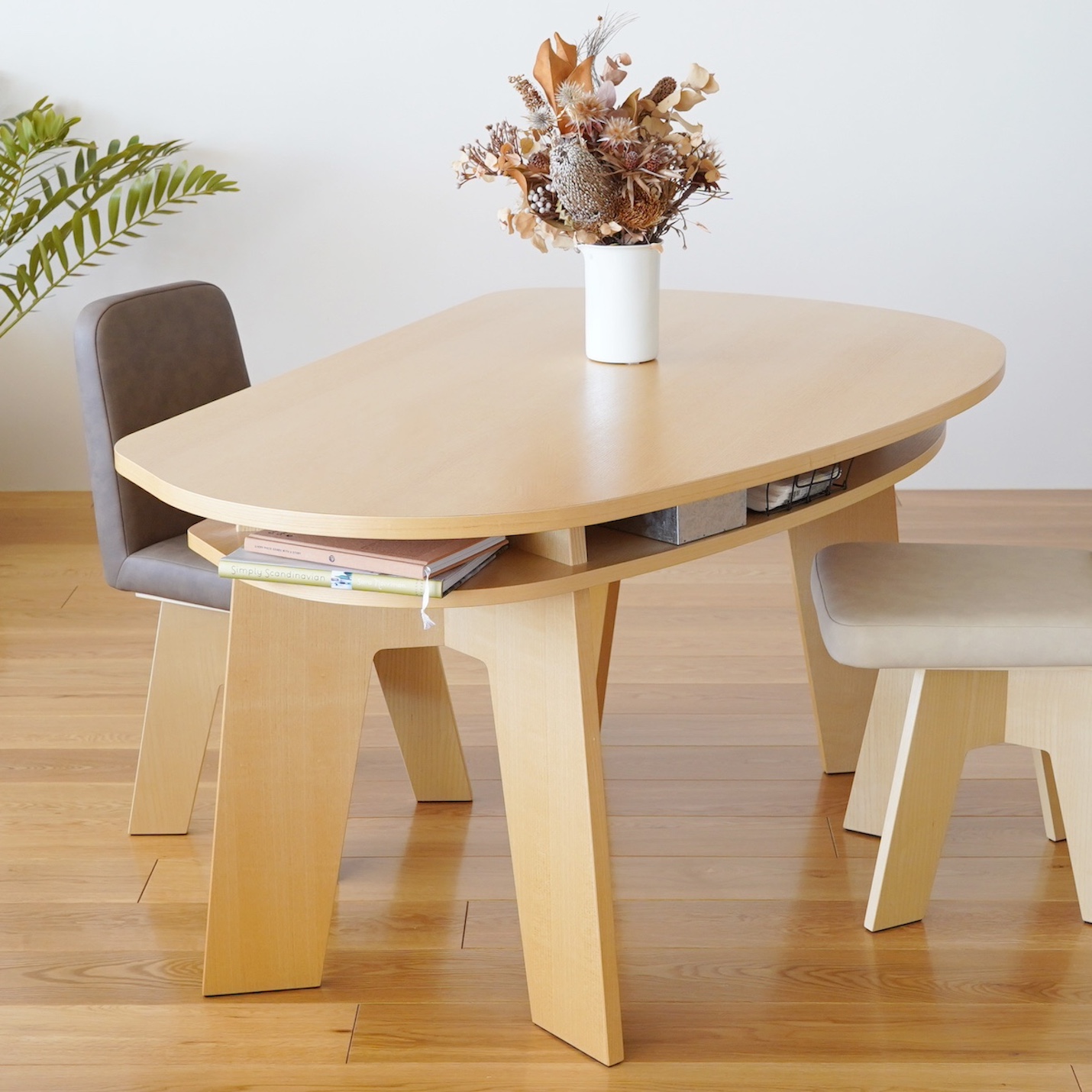 やさしい暮らし SHUNO(シュノ) 収納付 変形ダイニングテーブルW150 ホワイトアッシュ